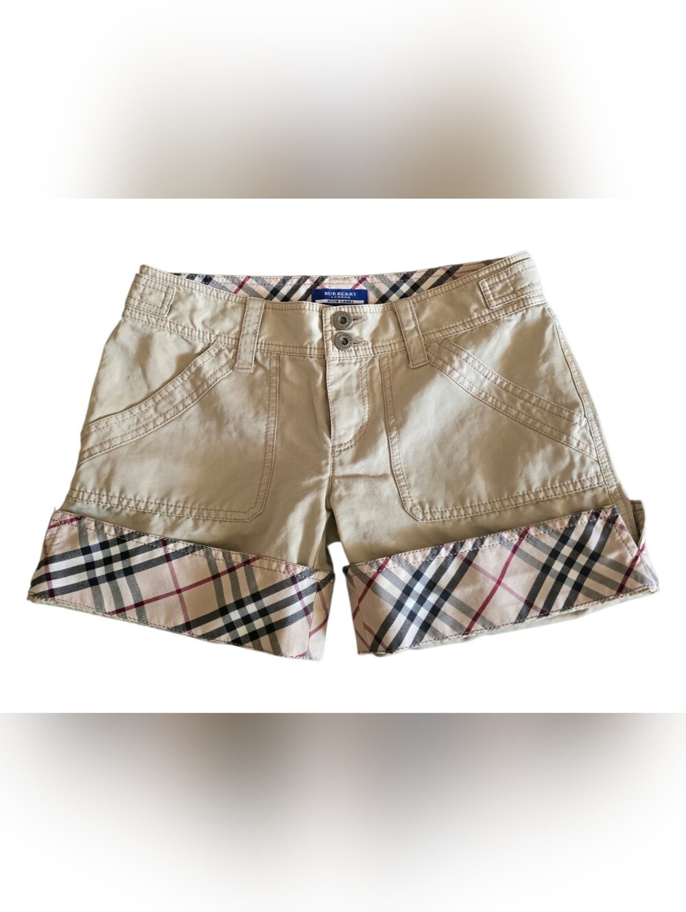 Burberry Blue Label Cuffed Nova Check Tan/Beige Cotton Shorts Size 36 - Picture 2 of 13
